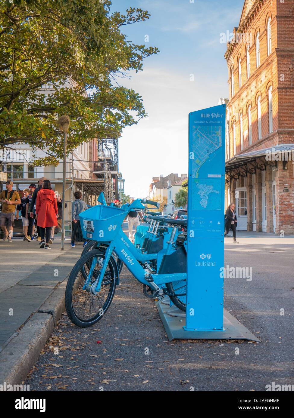 New Orleans, USA. December 2019. Row of many blue bicycles bikes on