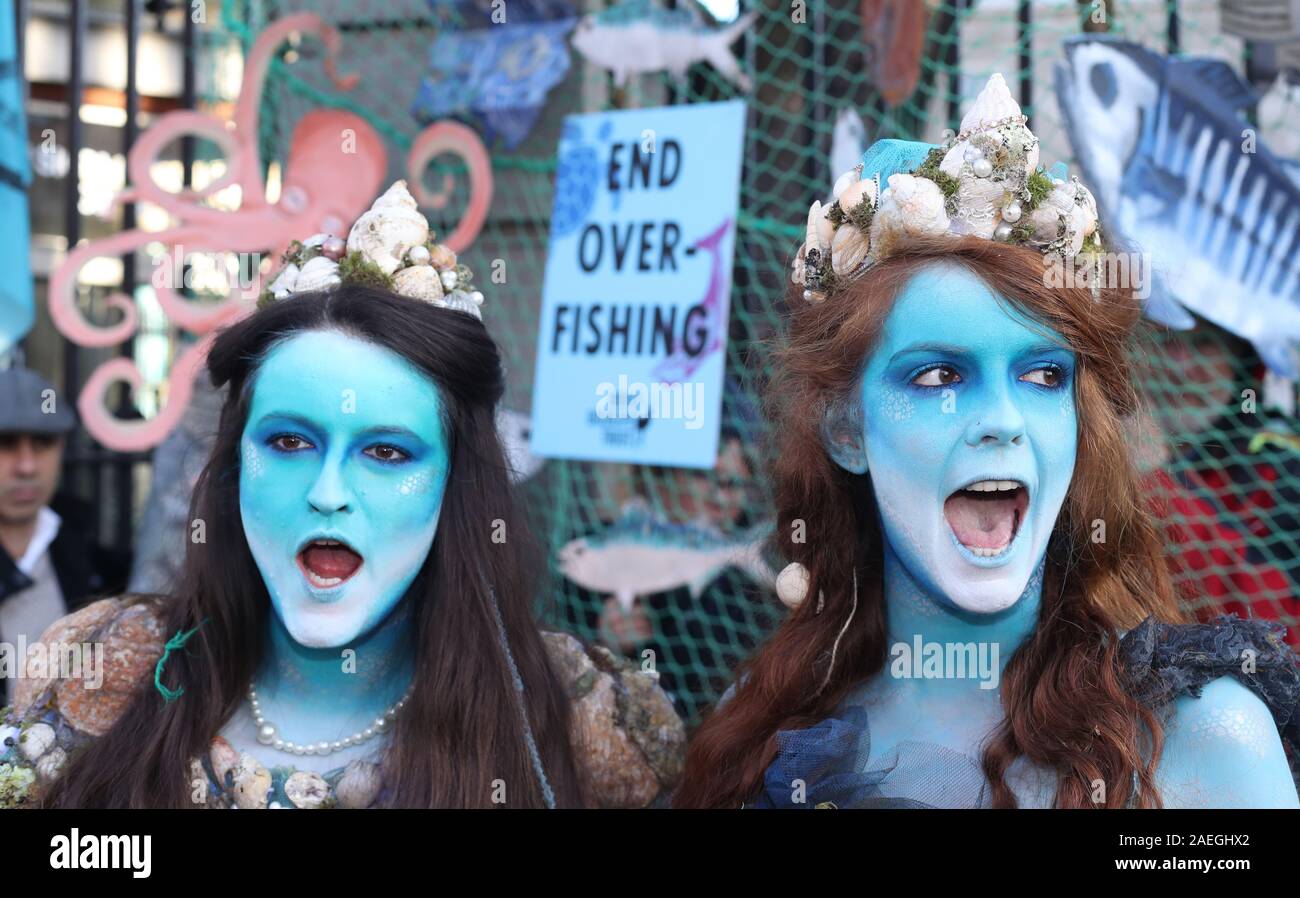 Leah Rossiter (left) and Ceara Carney, dressed as mermaids, join members of the Irish Wildlife Trust and Extinction Rebellion Ireland protesting outside Leinster House in Dublin, against overfishing in Irish Waters. Stock Photo