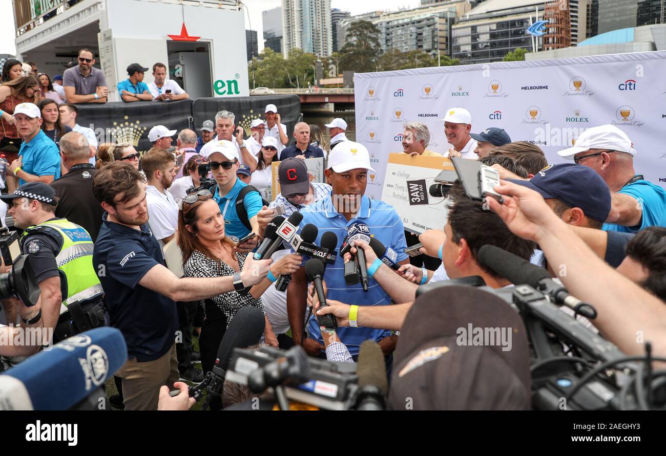 Melbourne, Australia. 9th Dec, 2019. Tiger Woods (C) speaks to the press ahead of the 2019 Presidents Cup in Melbourne, Australia, Dec. 9, 2019. Credit: Bai Xuefei/Xinhua/Alamy Live News Stock Photo