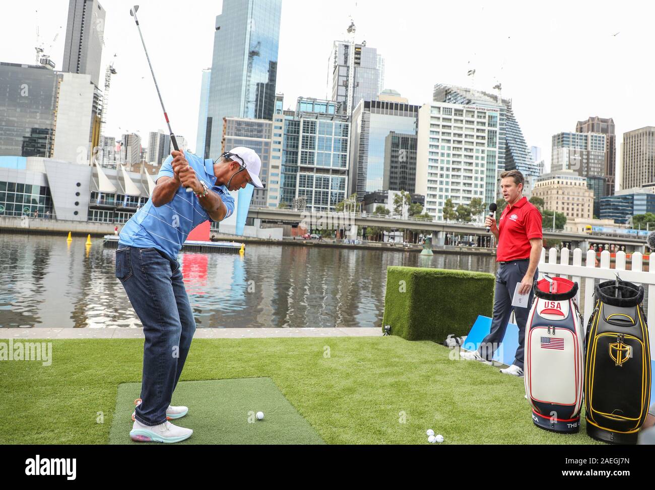 Melbourne, Australia. 9th Dec, 2019. Tiger Woods swings ahead of the 2019 Presidents Cup in Melbourne, Australia, Dec. 9, 2019. Credit: Bai Xuefei/Xinhua/Alamy Live News Stock Photo