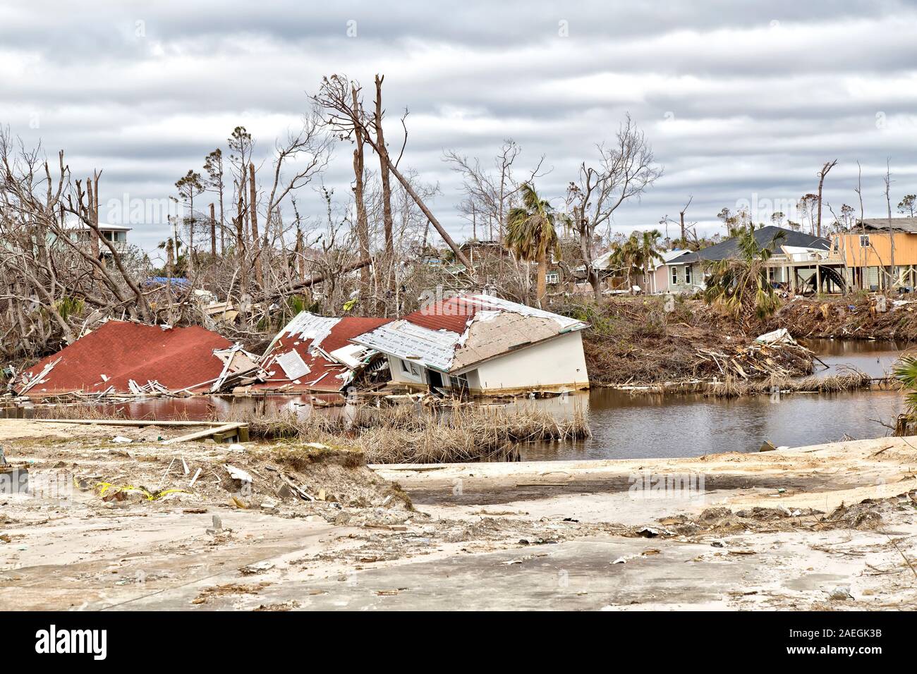 Hurricane 'Michael' 2018 destruction, homes, waterway, flora, near Mexico Beach, Florida Panhandle. Stock Photo