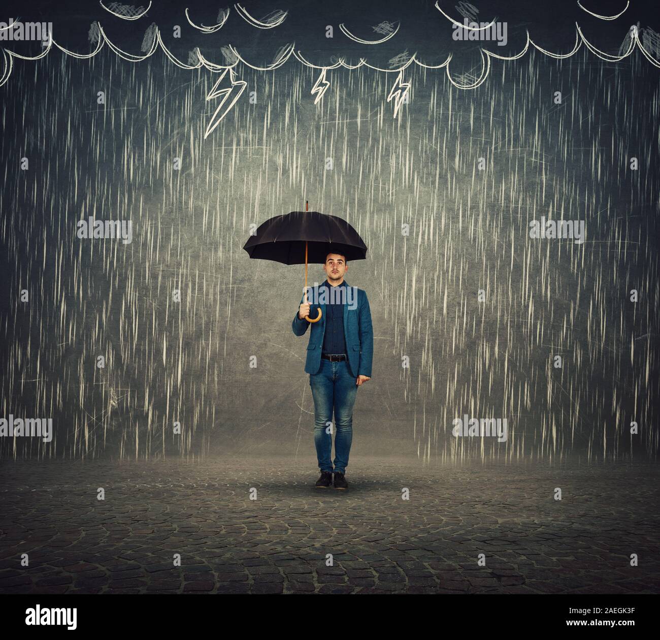 Businessman standing under umbrella as protection of a storm sketch ...