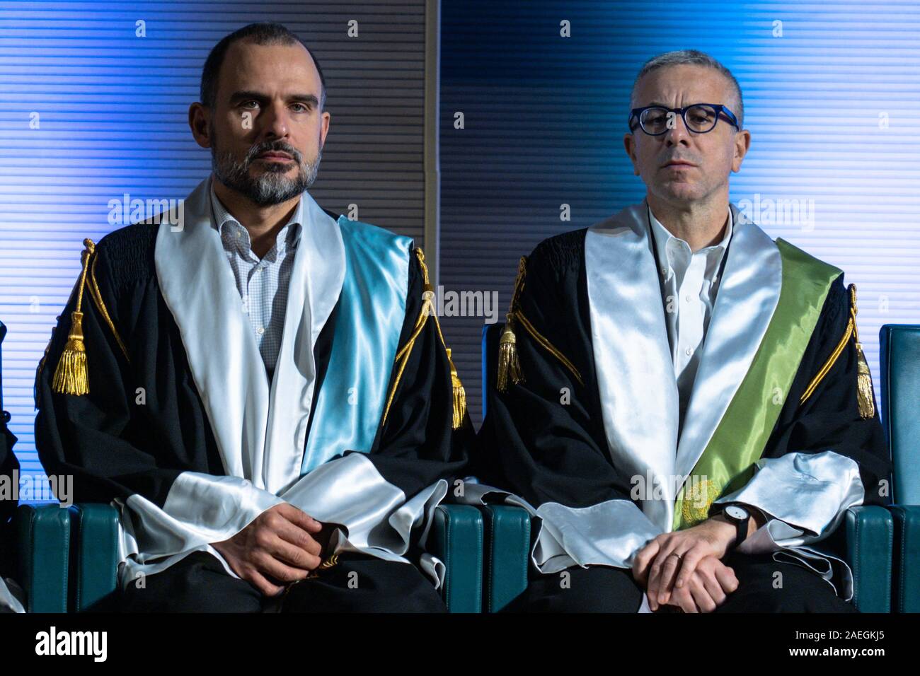Milan, Italy. 9th Dec 2019. Ceremony of conferring the Master's Degree ad Honorem in Television, Cinema and New Madia to Marco Bellocchio at IULM University, Via Carlo Bo 7 Milan In the picture: Fabio Vittorini and Vincenzo Trione Editorial Usage Only Credit: Independent Photo Agency Srl/Alamy Live News Stock Photo