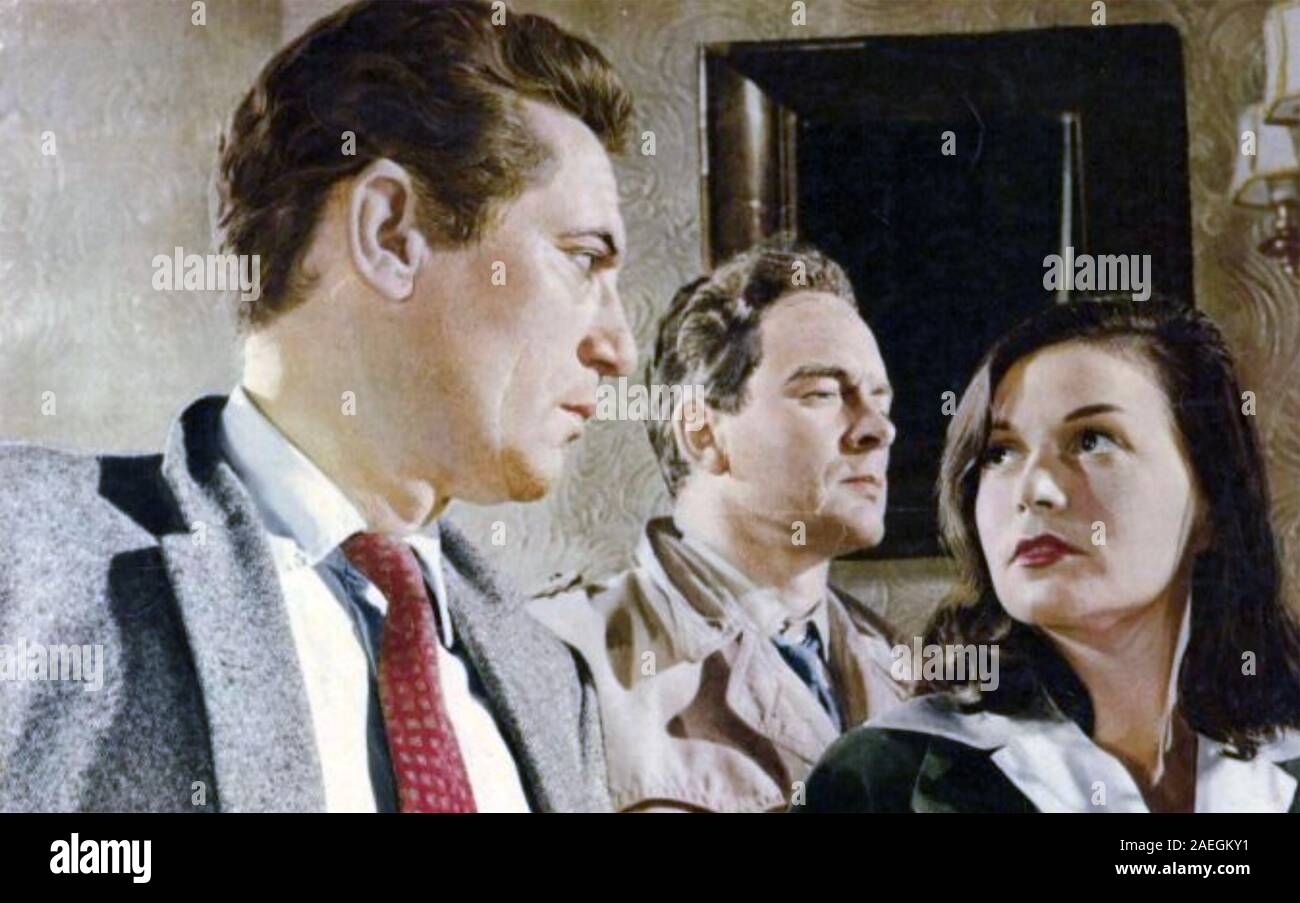 OPERATION AMSTERDAM 1959 20th Century Fox film with from left: Peter Finch, Tony Britton and Eva Bartok Stock Photo
