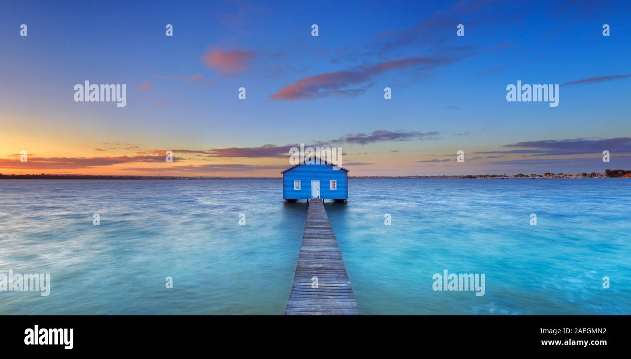 Sunrise over the Matilda Bay boathouse in the Swan River in Perth, Western Australia. Stock Photo