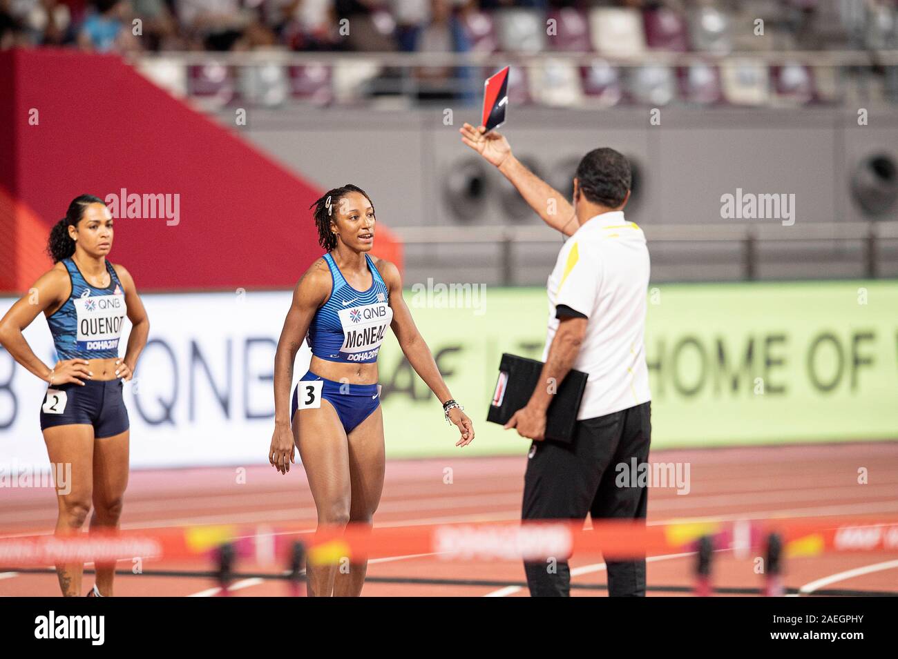 Doha, Katar. 05th Oct, 2019. Brianna McNeal (USA) is disqualified, false  start, lead 100m Women's Hurdles,