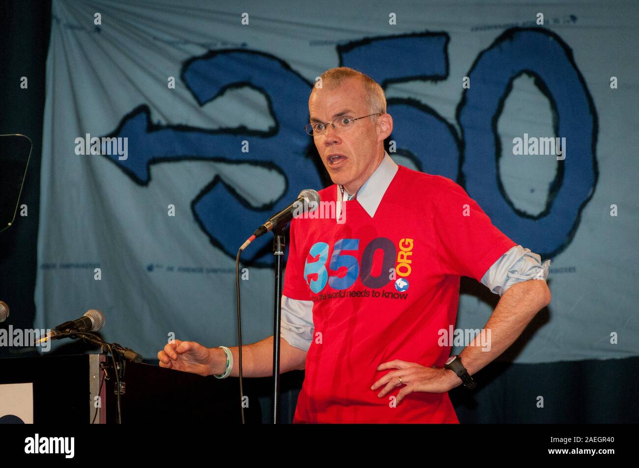 Author / activist Bill McKibben, co-founder of 350.org, speaks at Klimaforum during the COP15 climate conference, DGI-byen venue, Copenhagen, Denmark. Stock Photo