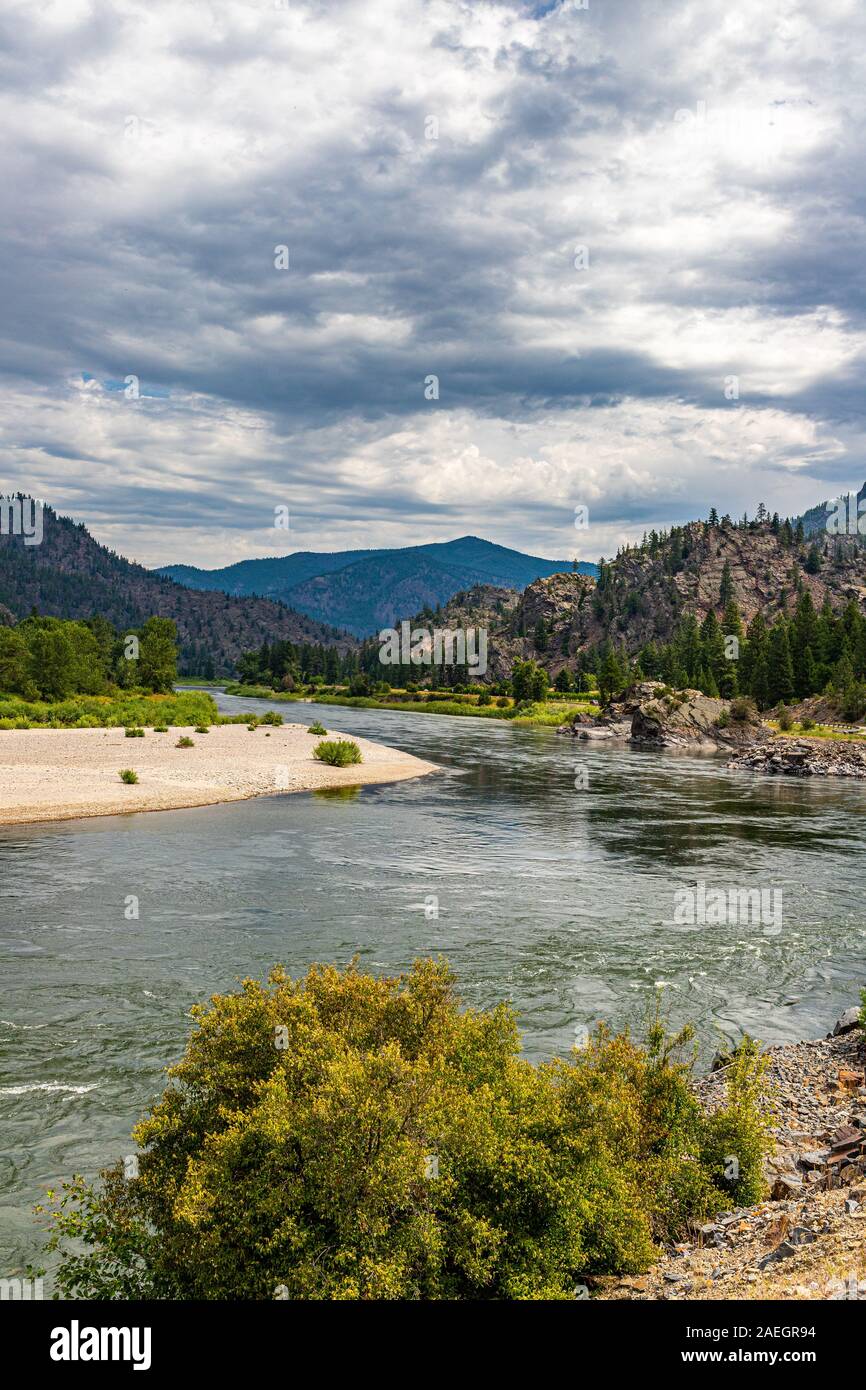 The Clark Fork of the Columbia River is the largest river by volume in Montana and is a Class I river for recreational purposes to the Idaho border. Stock Photo