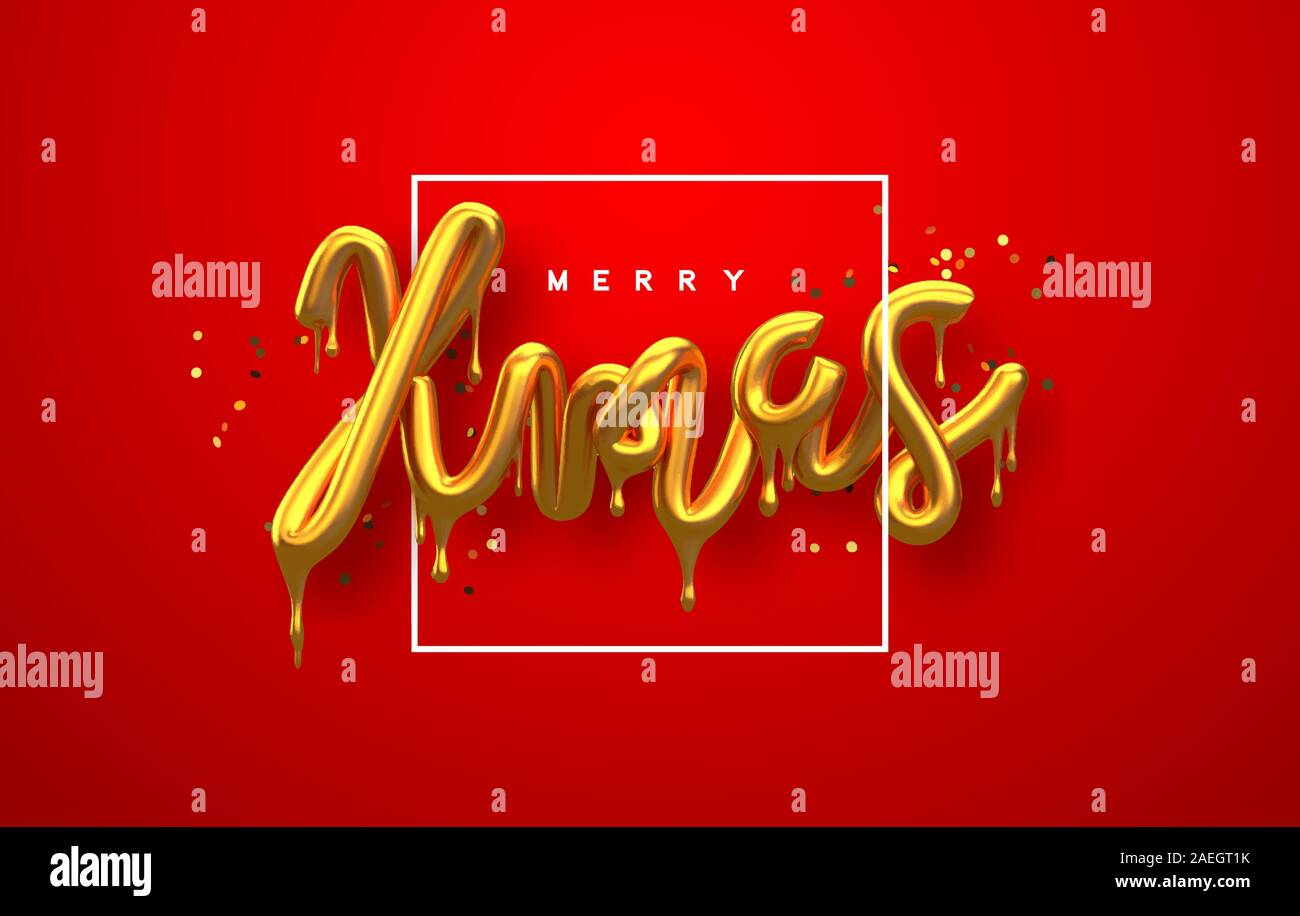 Merry Christmas greeting card, realistic 3d gold drip typography sign with luxury golden glitter on festive red background. Melted glossy metallic typ Stock Vector