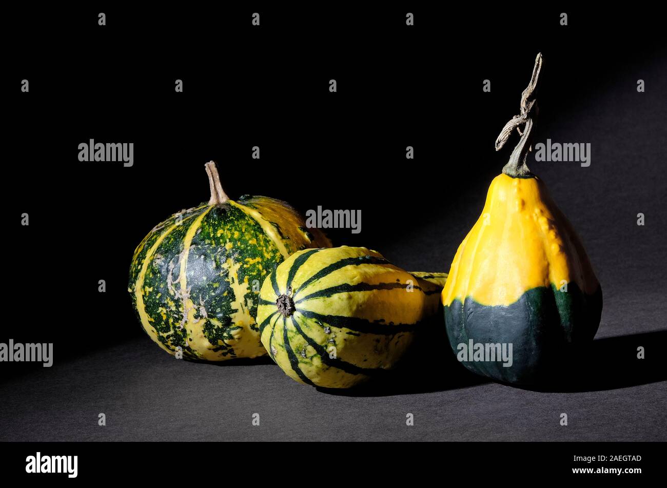 decorative gourd types on black background Stock Photo