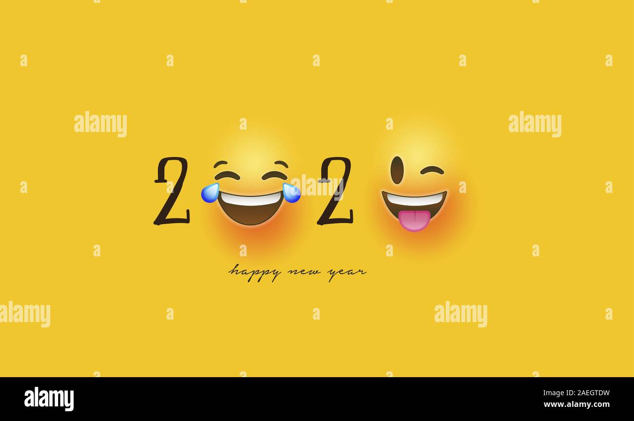Happy New Year 2020 greeting card of funny 3d smiley face social icons. Fun chat reaction emoticon banner for holiday party celebration. Stock Vector
