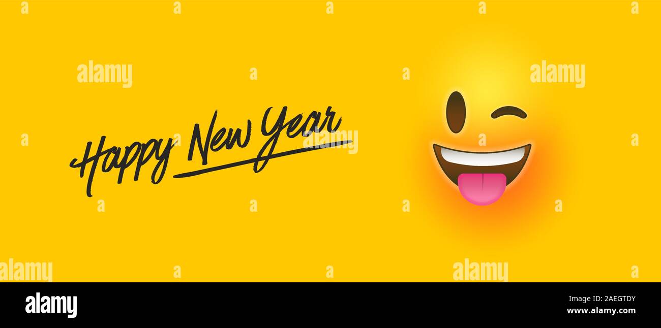 Happy New Year web banner illustration of funny chat emoticon, social holiday concept with yellow smiley face reaction. Stock Vector