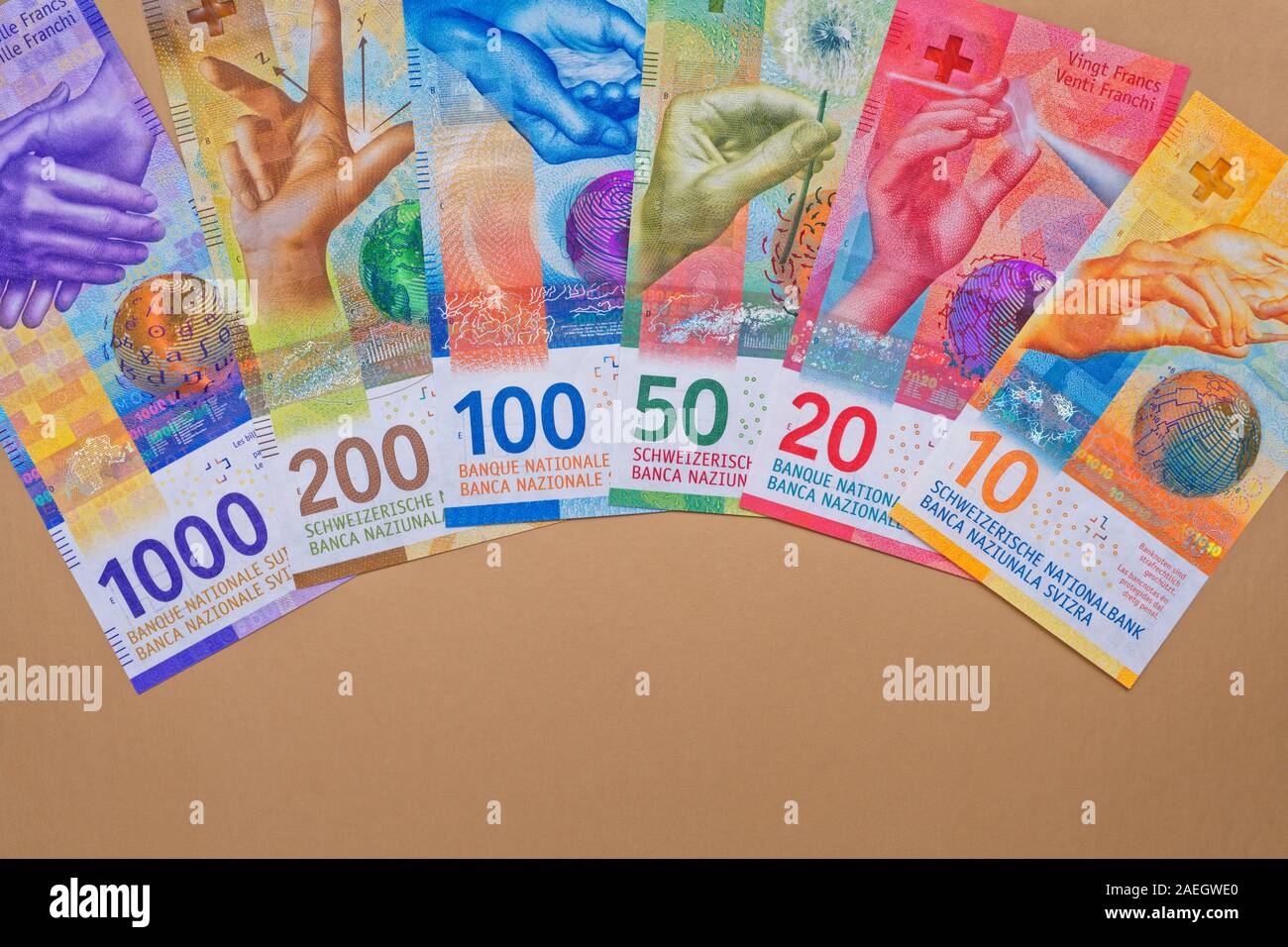Swiss Francs, all banknotes by 2019 Stock Photo