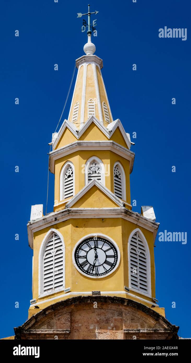 Closeup of the clock tower gate which is  the main entrance into the old city of Cartagena Stock Photo