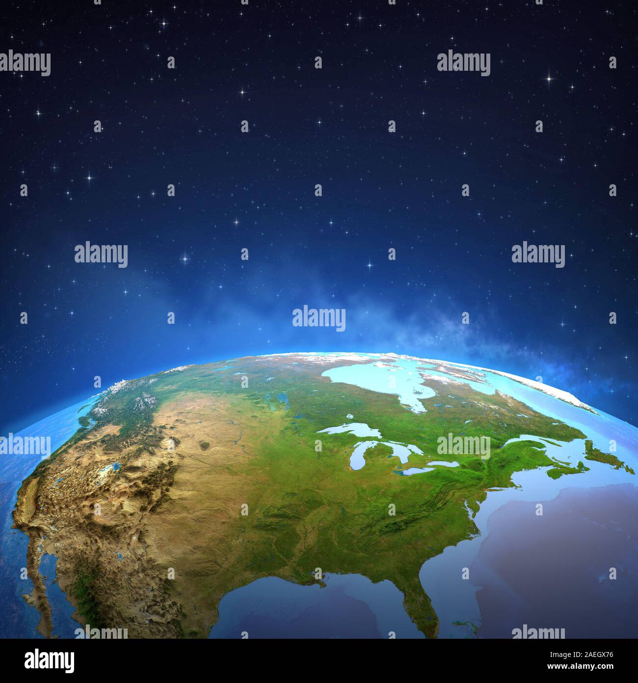 Surface of the Planet Earth viewed from a satellite, focused on North America. 3D illustration - Elements of this image furnished by NASA. Stock Photo