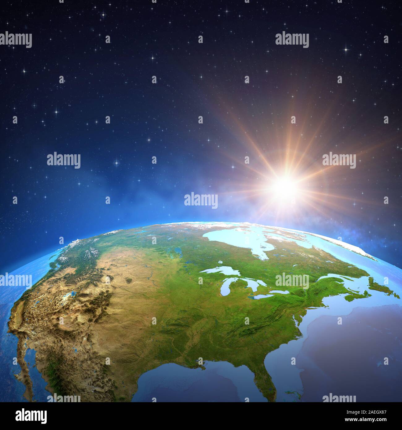 Surface of the Planet Earth viewed from a satellite, focused on North America, sun shining in deep space. 3D illustration - Elements of this image fur Stock Photo