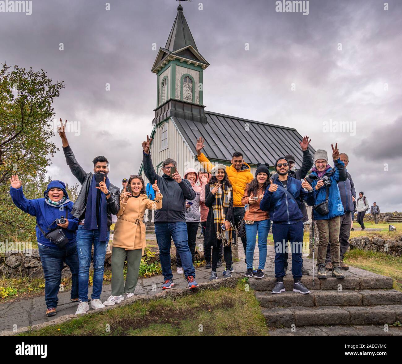 Tourists at Thingvellir National Park, Iceland. Unesco World Heritage Site. Stock Photo