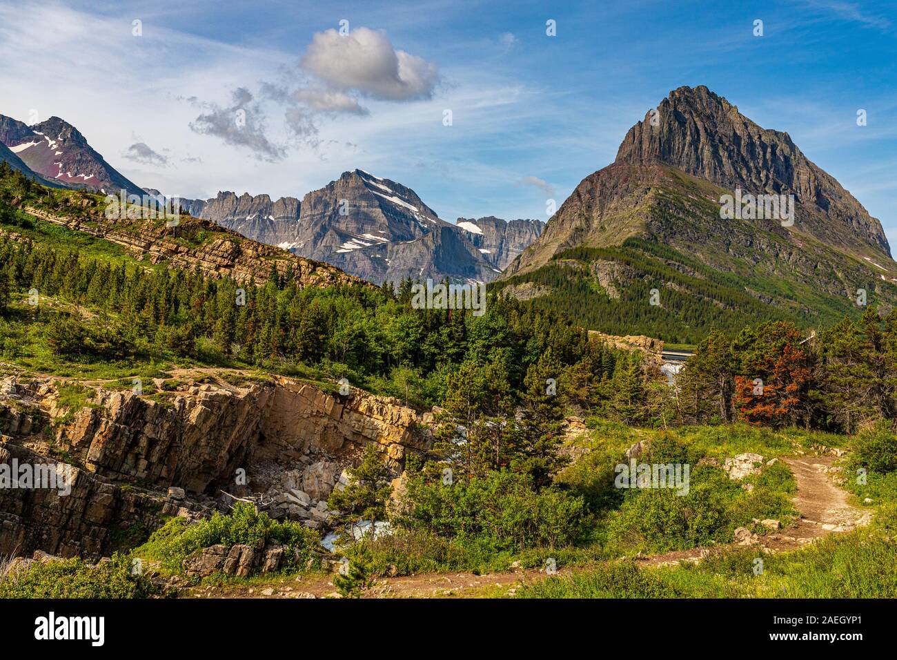 Mount Wilbur and Swiftcurrent Mountain in the Many Glacier are of Glacier National Park in Montana. Stock Photo