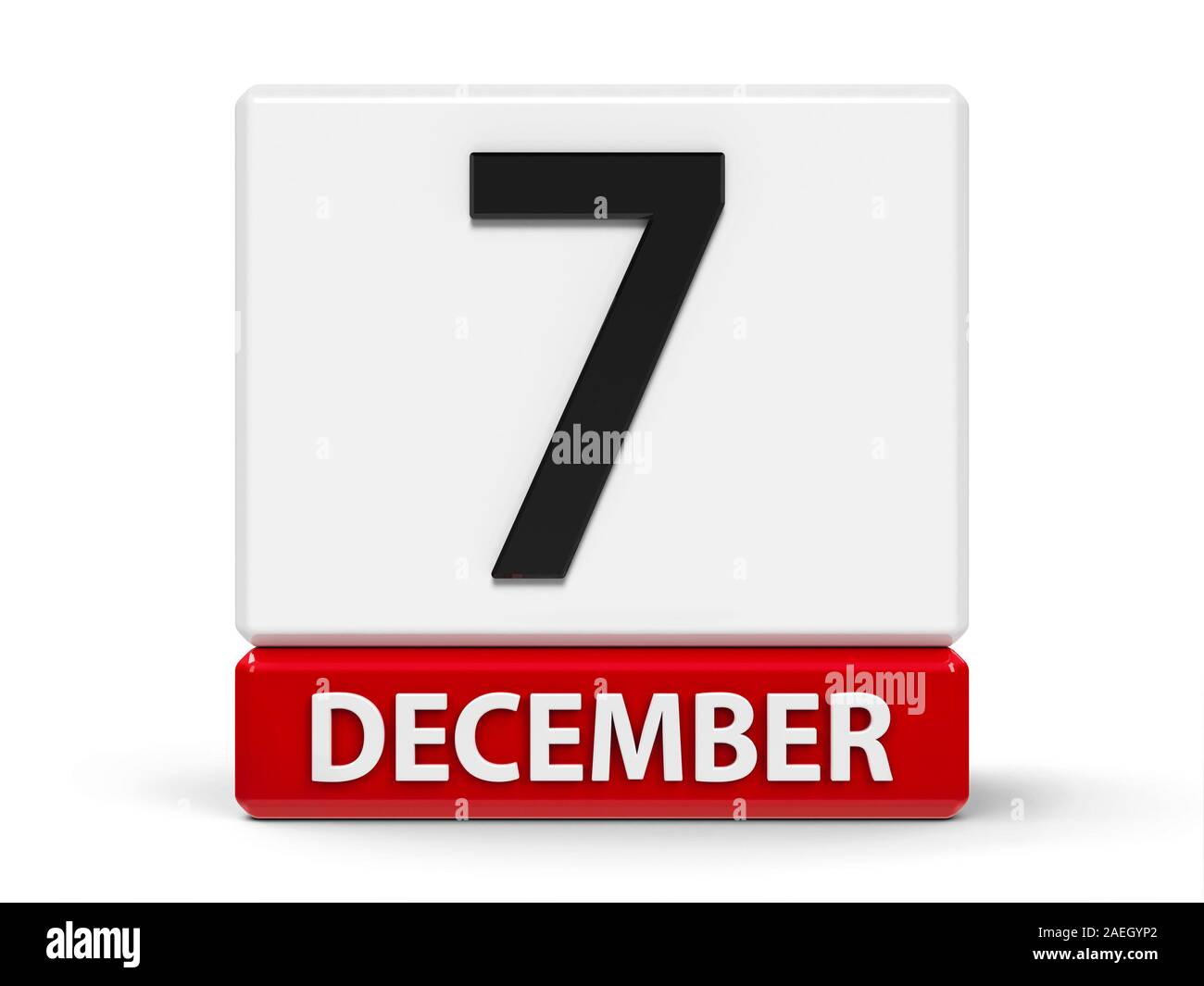 Red and white calendar icon from cubes - The Seventh of December - on a white table - Civil Aviation Day, three-dimensional, 3D Illustration Stock Photo