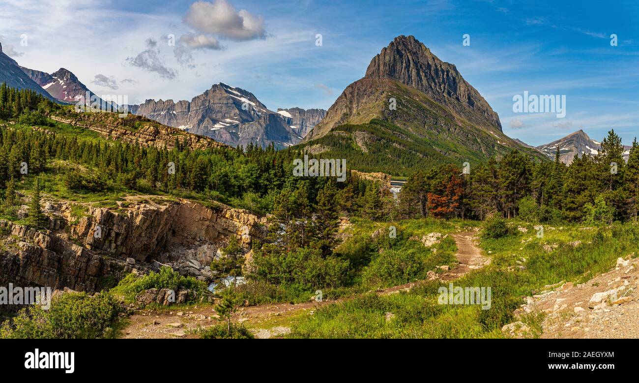 Mount Wilbur and Swiftcurrent Mountain in the Many Glacier are of Glacier National Park in Montana. Stock Photo