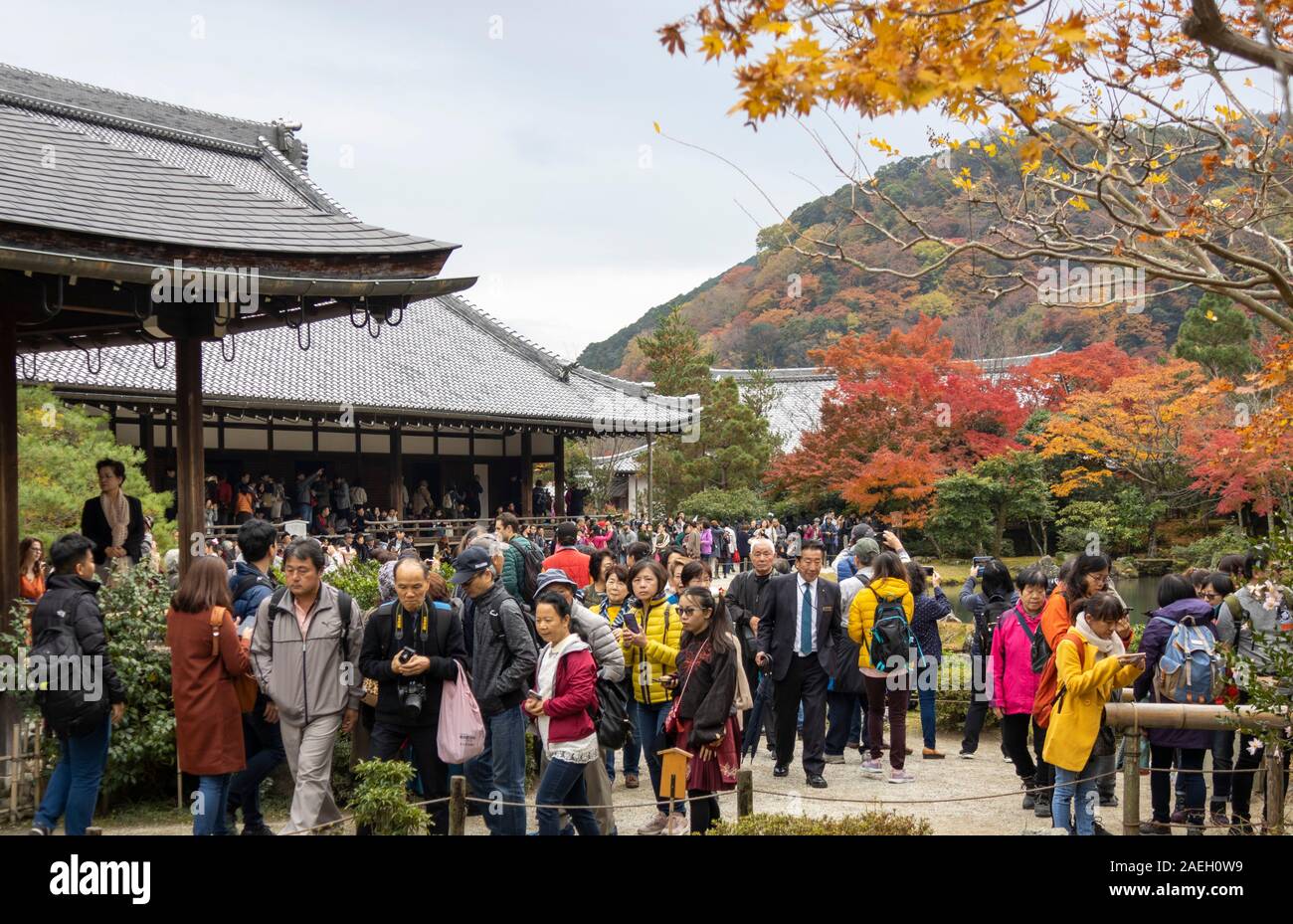 crowds of tourists at the Tenryū-ji Zen Buddhist temple, Kyoto, Japan Stock Photo