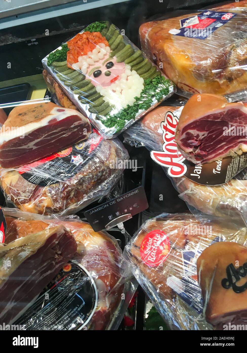 Pork meat products displayed in delicatessen department, Supermarket