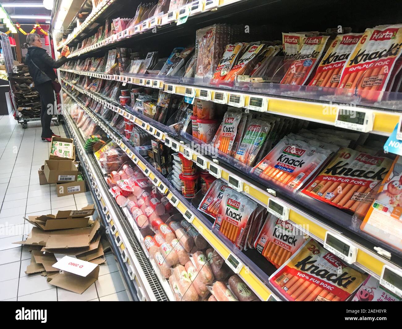 Pork meat products displayed in delicatessen department, Supermarket