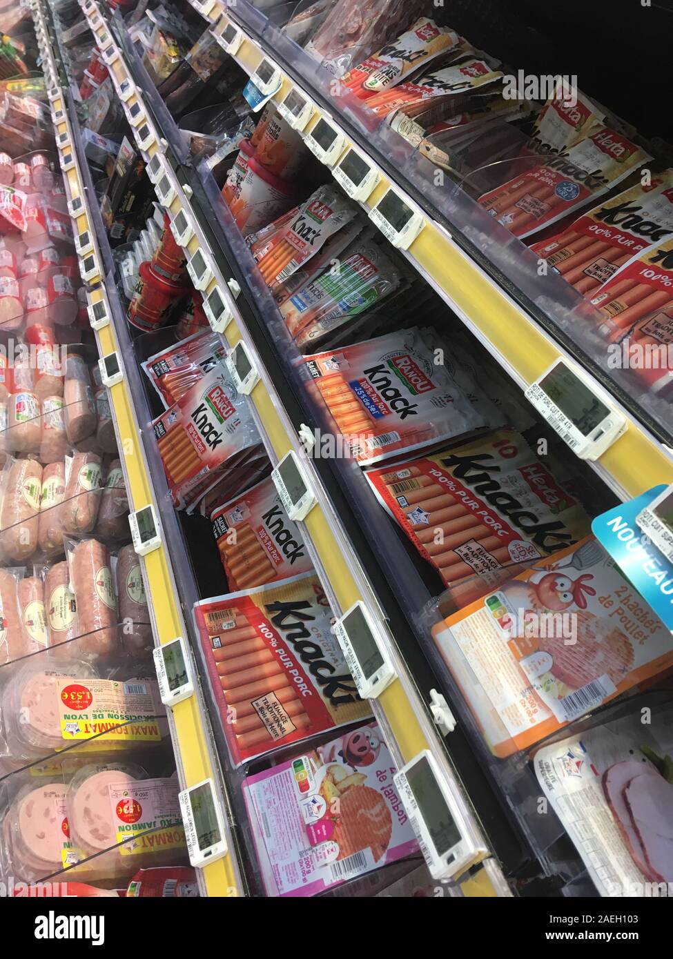Pork meat products displayed in delicatessen department, Supermarket