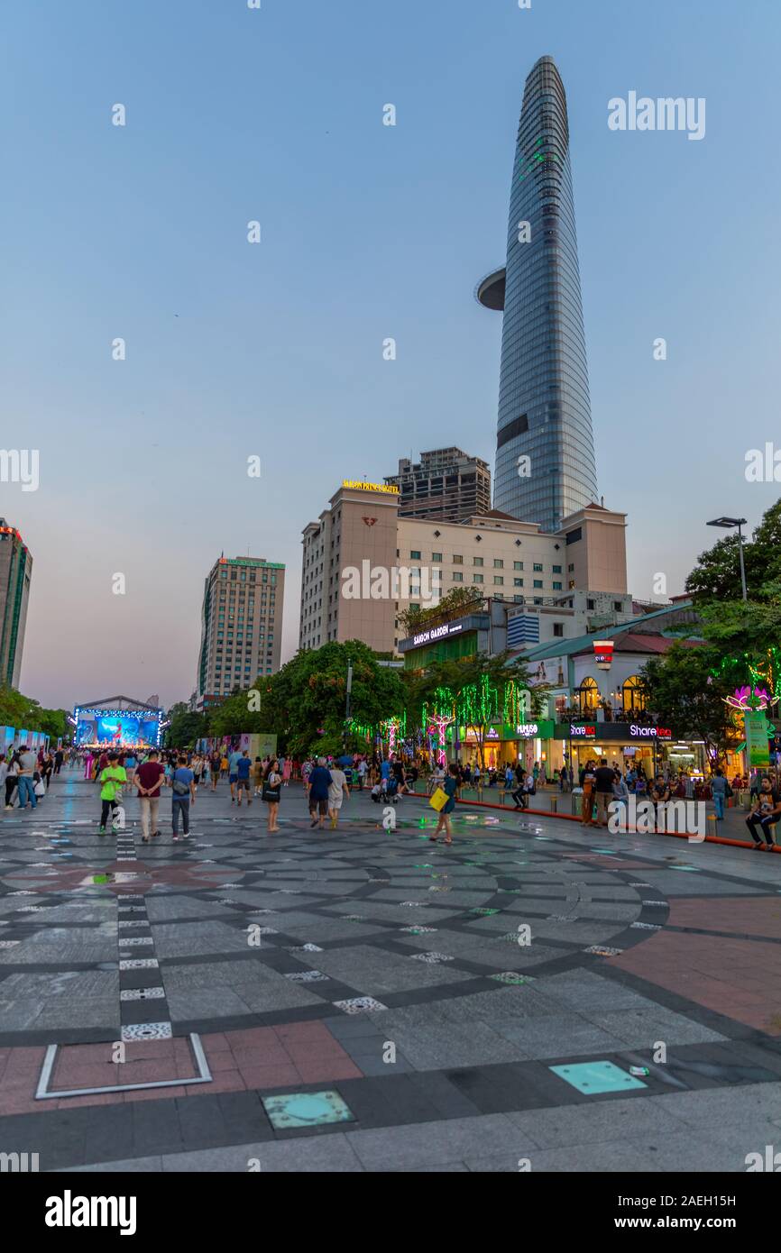 HO CHI MINH CITY - March 03 2019: The Bitexco Financial Tower is the tallest building in Vietnam, inaugurated in 30 october 2010 at sunset. Stock Photo