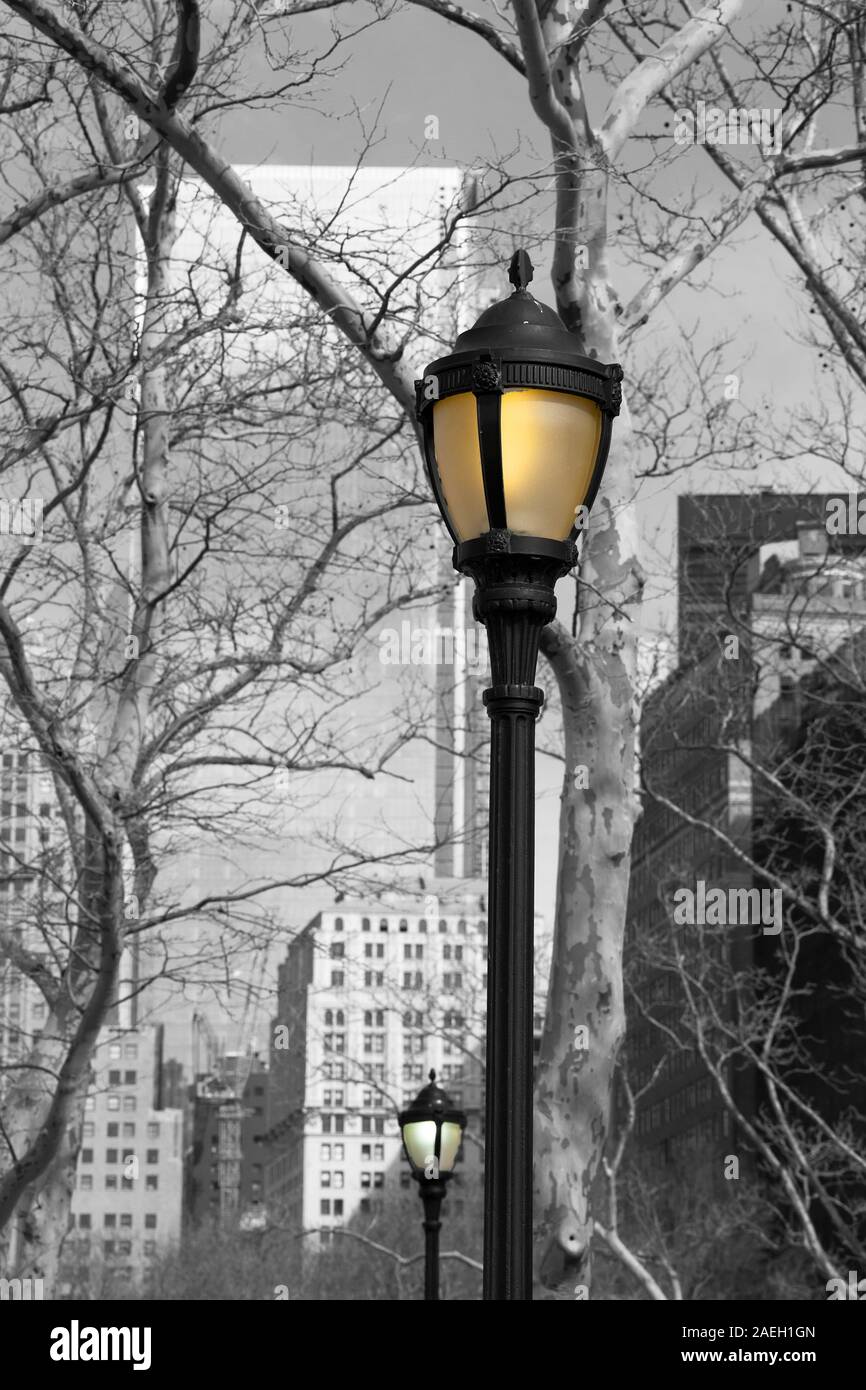 Monochrome of Battery Park, Street Lamps in Colour, New York Stock Photo -  Alamy