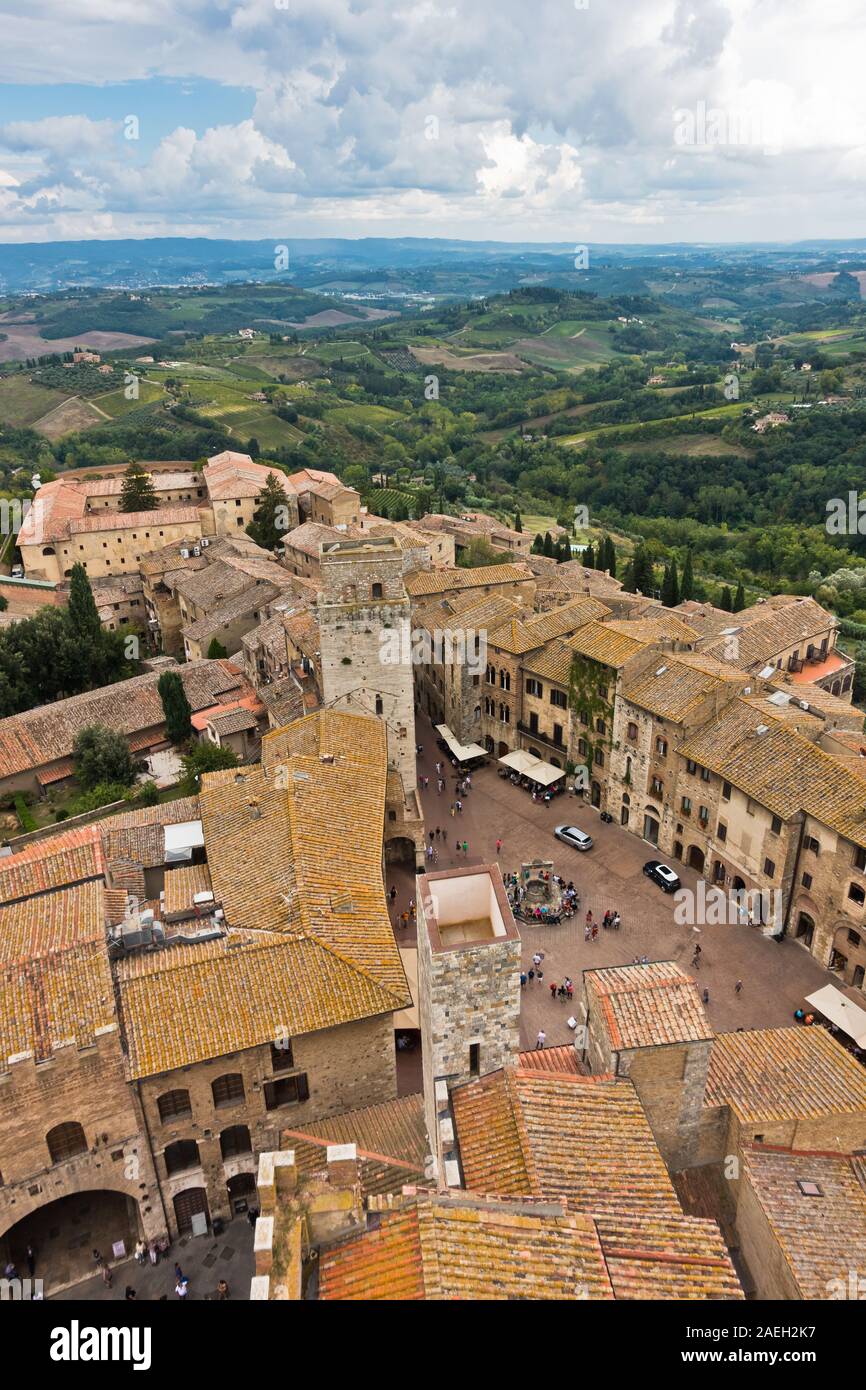 Panoramic aerial view of the city and surrounding countryside from the towers of San Gimignano in Tuscany, Italy Stock Photo