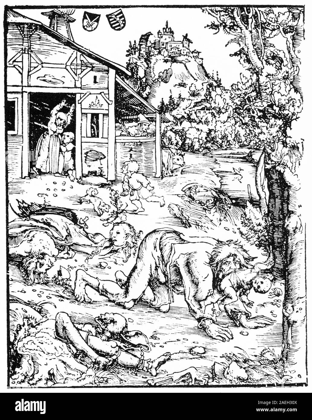 Engraving of a 'wild man' carrying off a child from its home - typical superstitious belief in Reformation-era Europe. Stock Photo