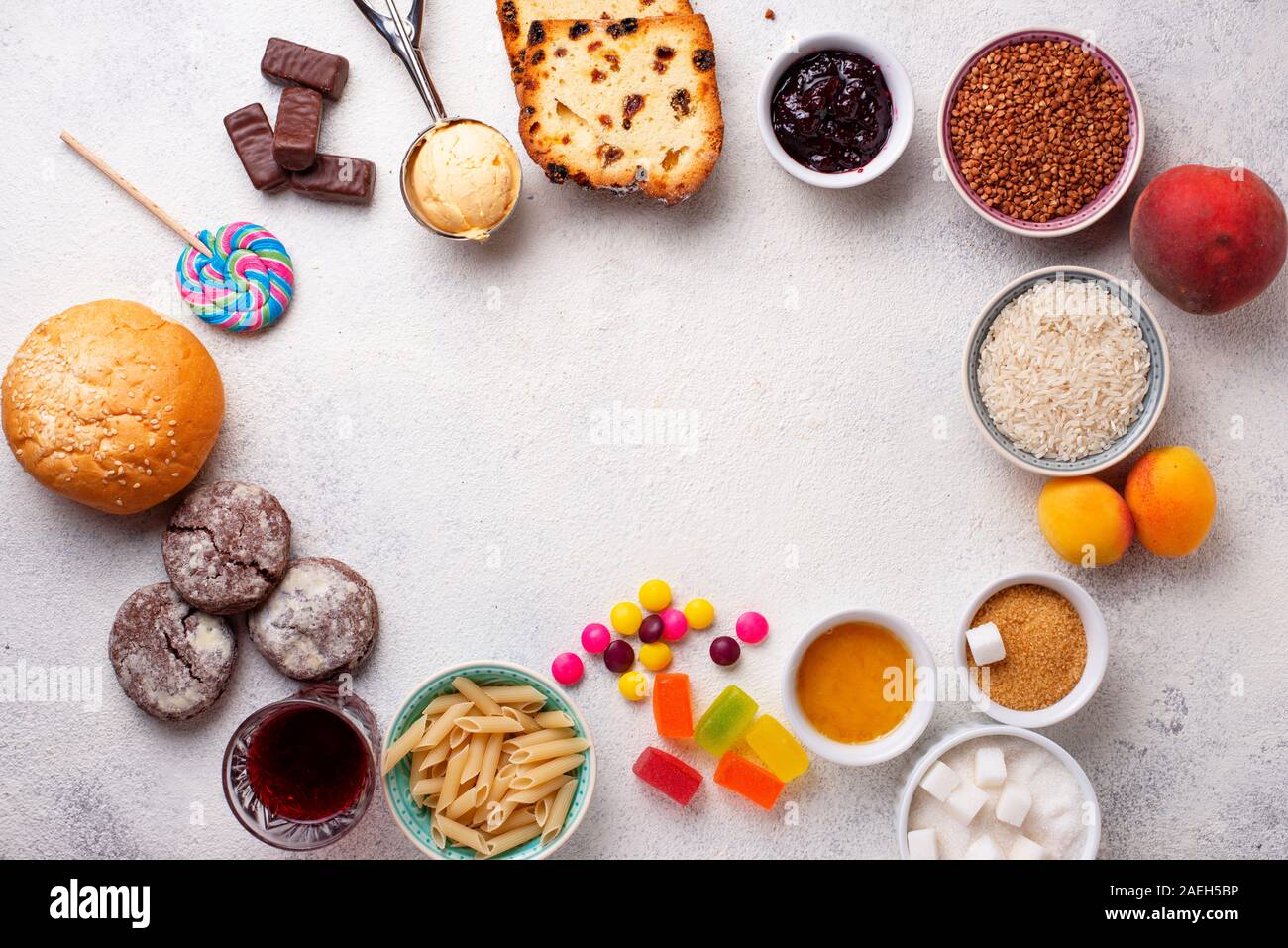 Assortment of simple carbohydrates food Stock Photo