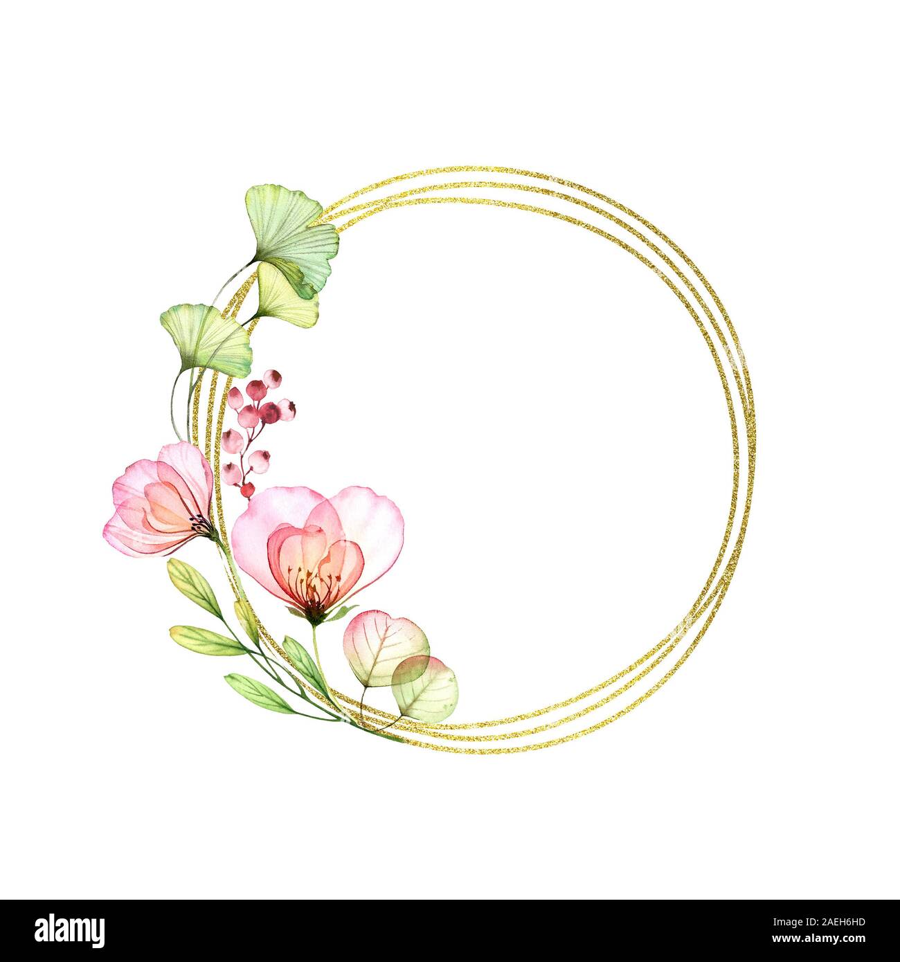 Transparent Rose golden glitter round frame with place for text. Watercolor hand painted illustration. Circular composition with flowers and leaves Stock Photo