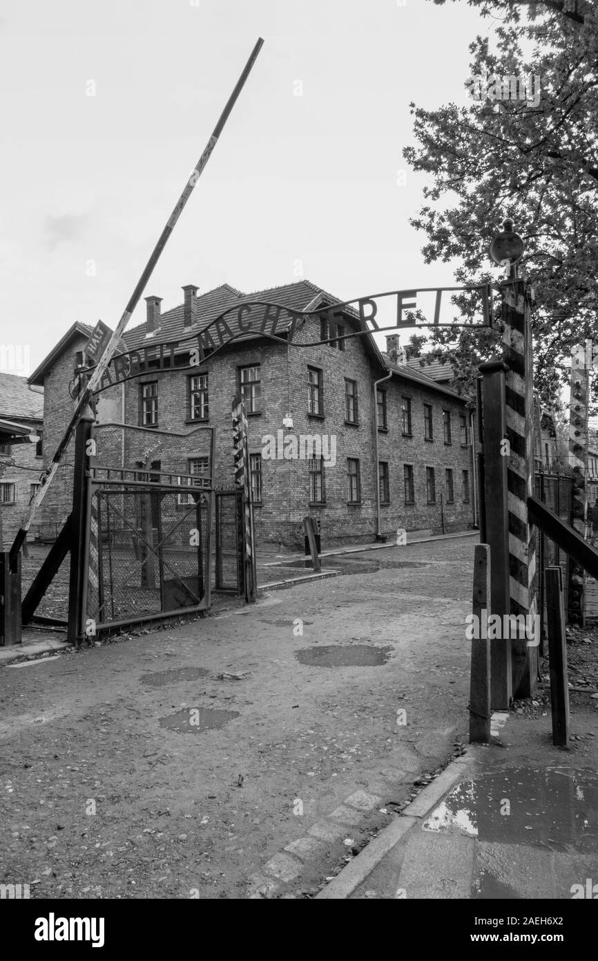 Arbeit macht frei - a German phrase meaning 'Work sets you free'. The sign stands at the entrance of Auschwitz I Concentration Camp Poland - Konzentra Stock Photo