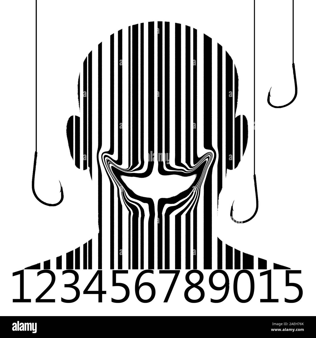 barcode man smilin with fishing hook digital illustration Stock Photo