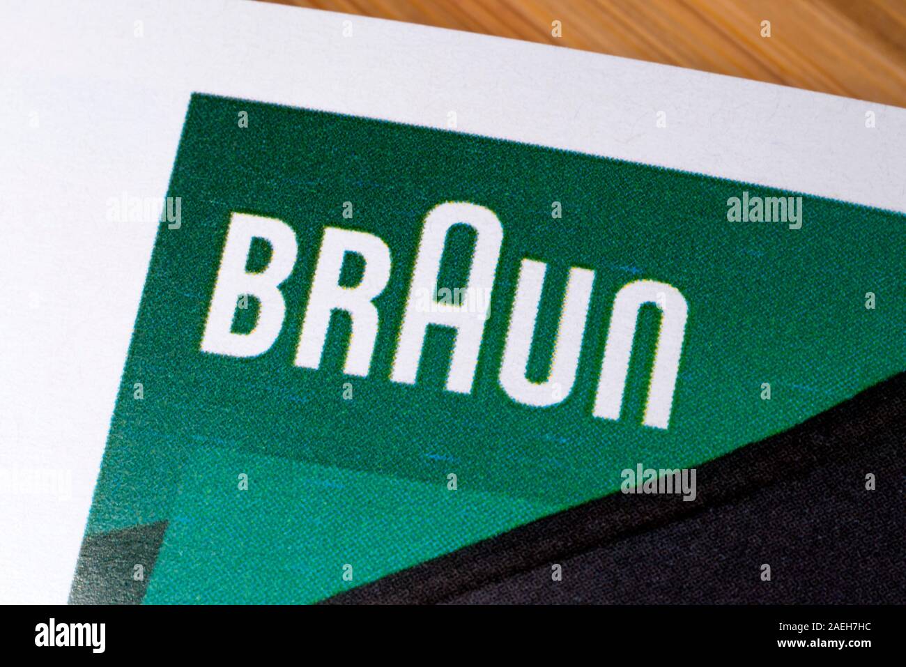 London, UK December 5th 2019 Closeup of the Braun company logo in a