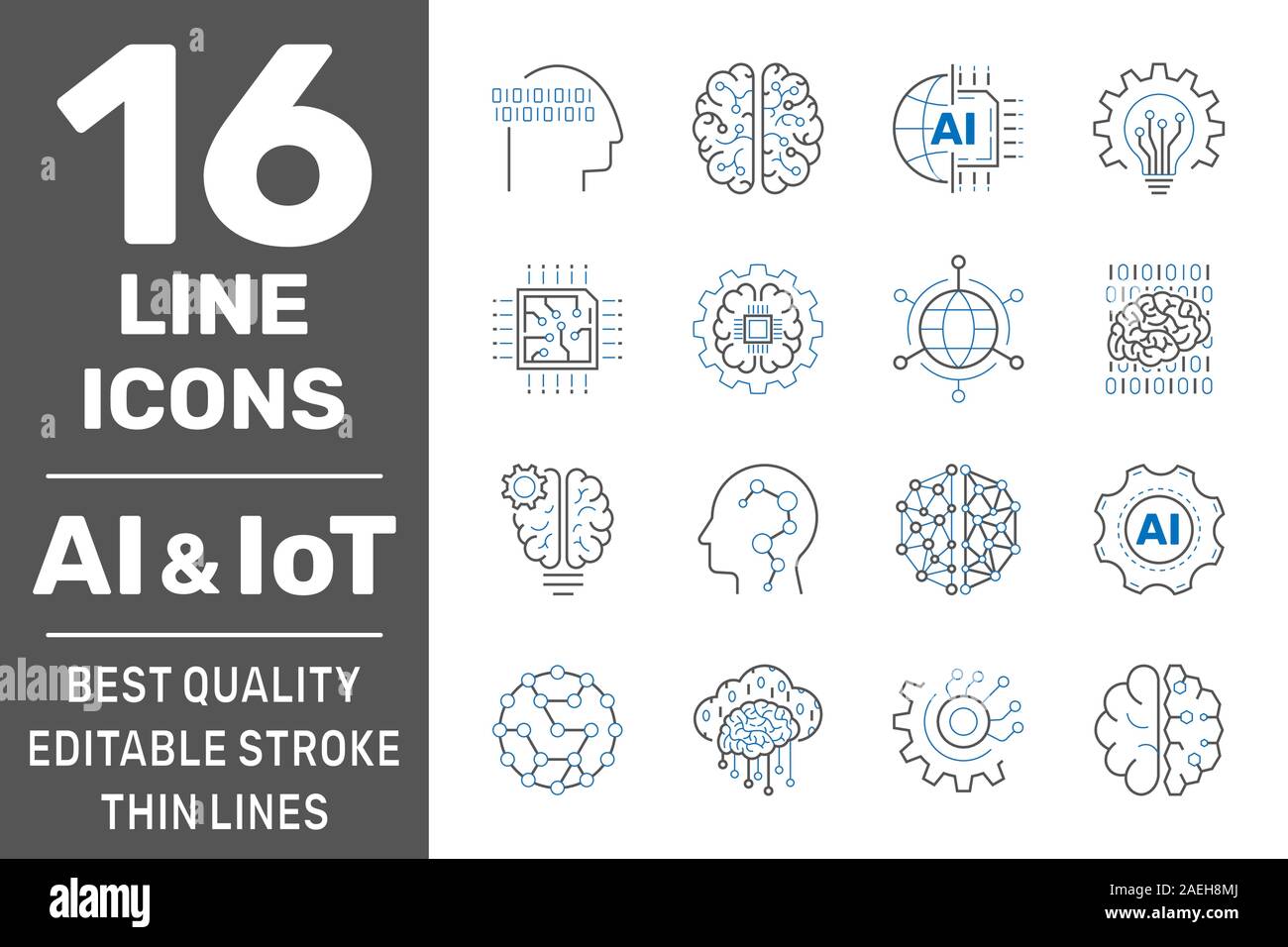 Machine learning, AI, IoT line icons. Set of artificial intelligence, digital brain, automated system and more. Editable stroke. EPS 10 Stock Vector
