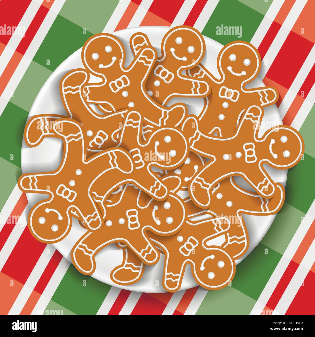 Holiday gingerbread man cookies in plate on colored Christmas gingham tablecloth Stock Vector