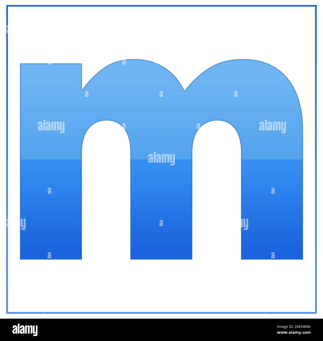 The letter m ,  made light blue and dark blue, half-and-half. Same colors turn upside down and used in frame. On white background Stock Photo