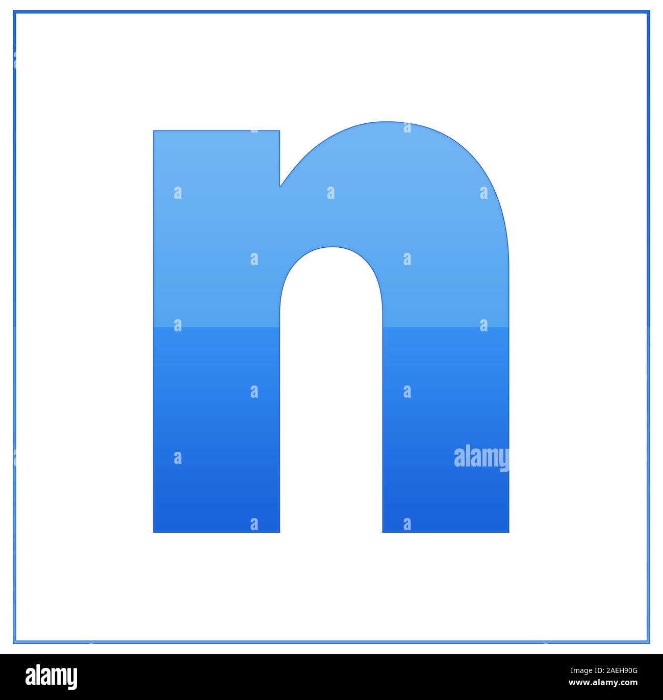 The letter n,  made light blue and dark blue, half-and-half. Same colors turn upside down and used in frame. On white background Stock Photo