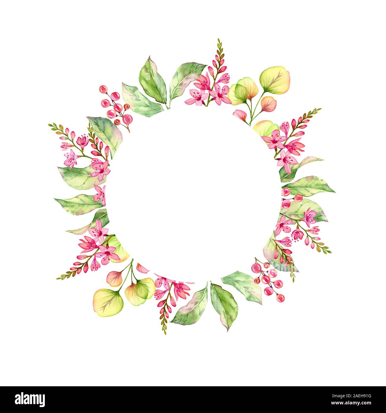 Watercolor floral round frame with freesia and wild flowers and place for text. Botanical hand painted illustration isolated in white for lettering Stock Photo