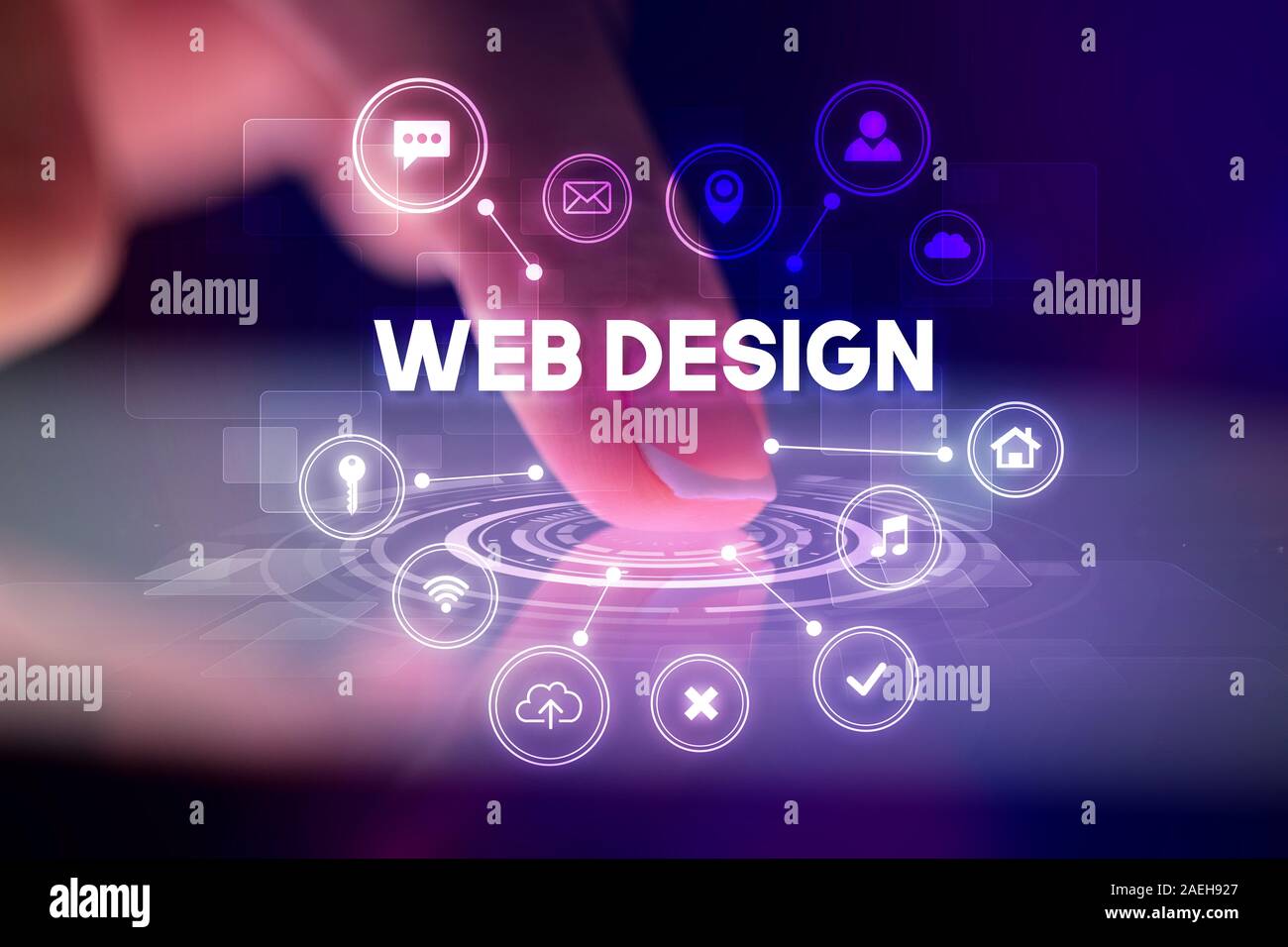 Finger touching tablet with web technology icons and WEB DESIGN inscription, web technology concept Stock Photo