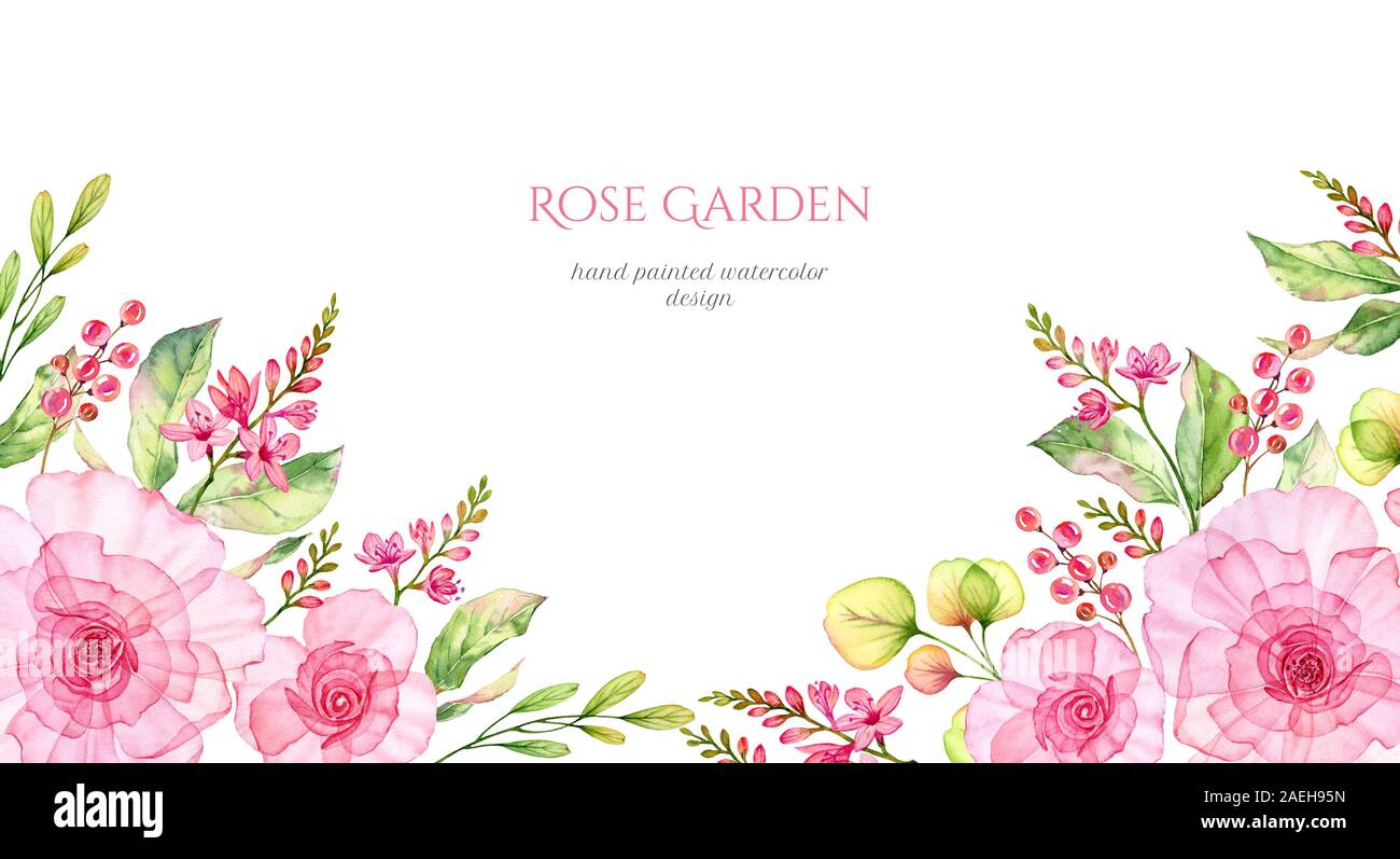 Watercolor floral background with roses and wild flowers in corners and ...
