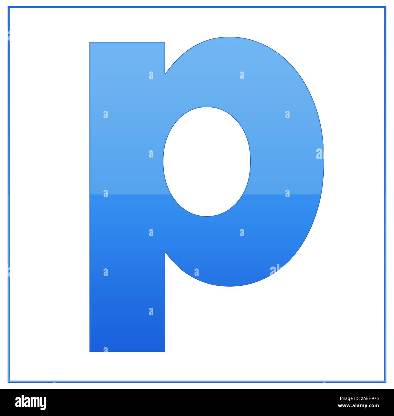 The letter p,  made light blue and dark blue, half-and-half. Same colors turn upside down and used in frame. On white background Stock Photo