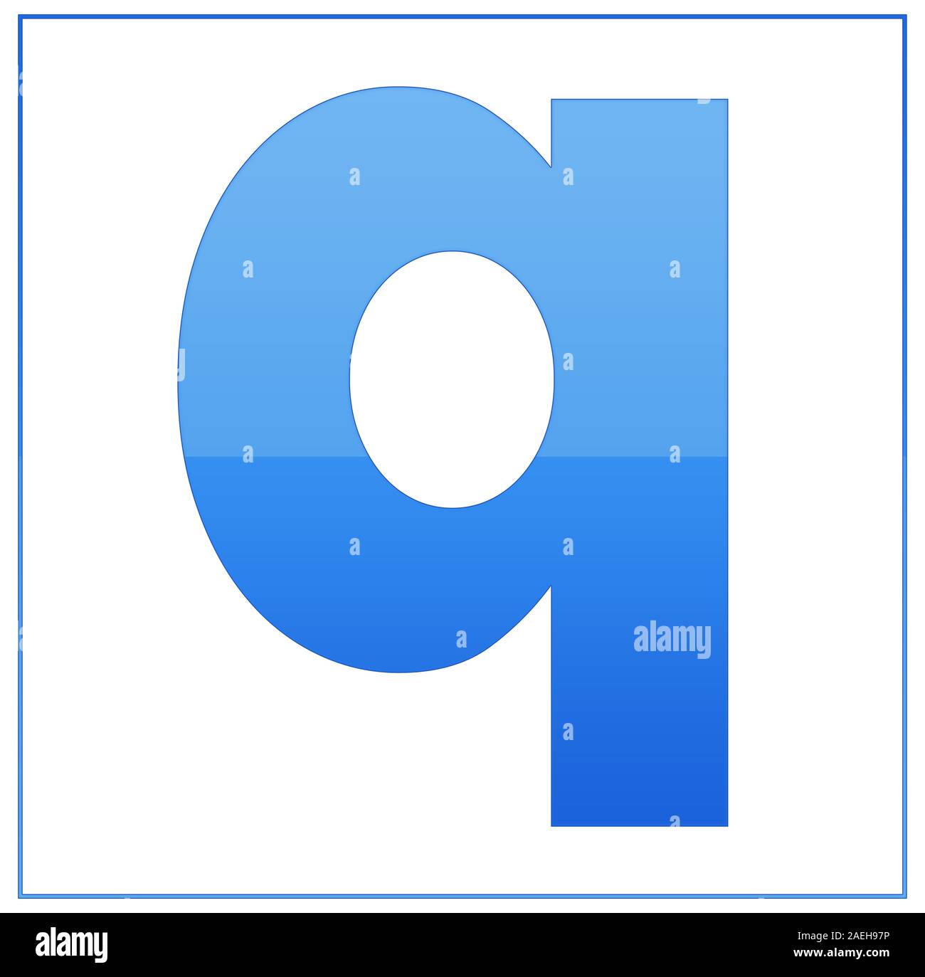 The letter q ,  made light blue and dark blue, half-and-half. Same colors turn upside down and used in frame. On white background Stock Photo