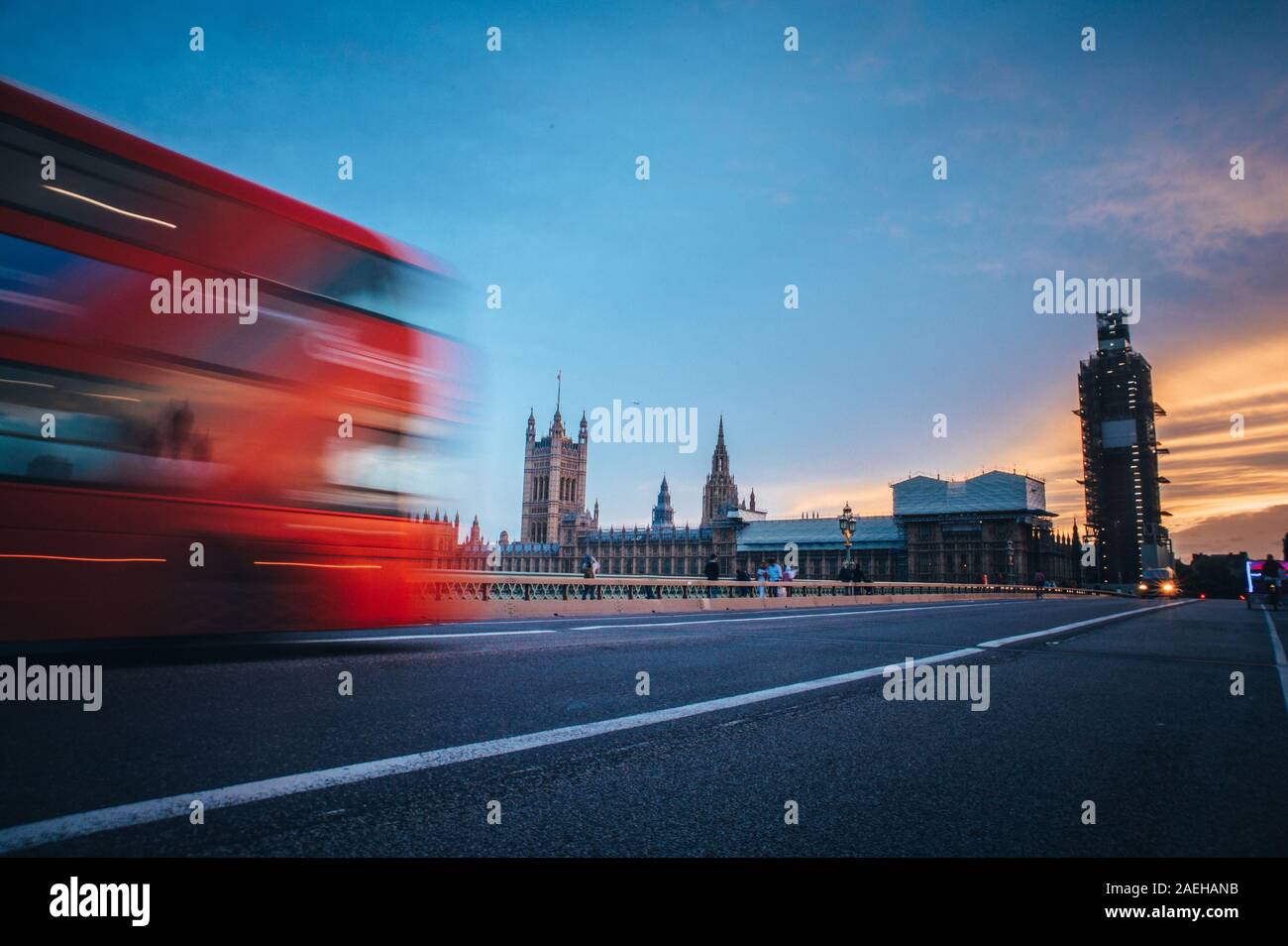 Iconic red double decker on Westminster Bridge front of House of parliament and Big Ben in London Stock Photo