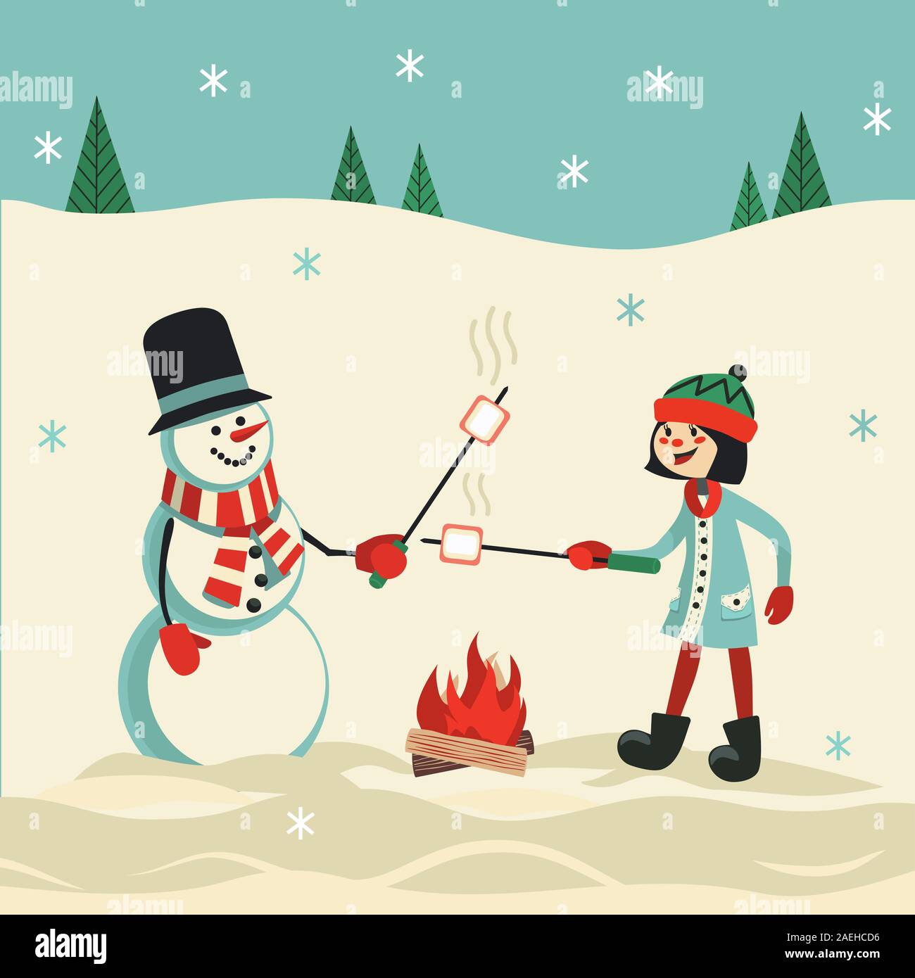 Marshmallow roast on winter campfire vector poster Stock Vector