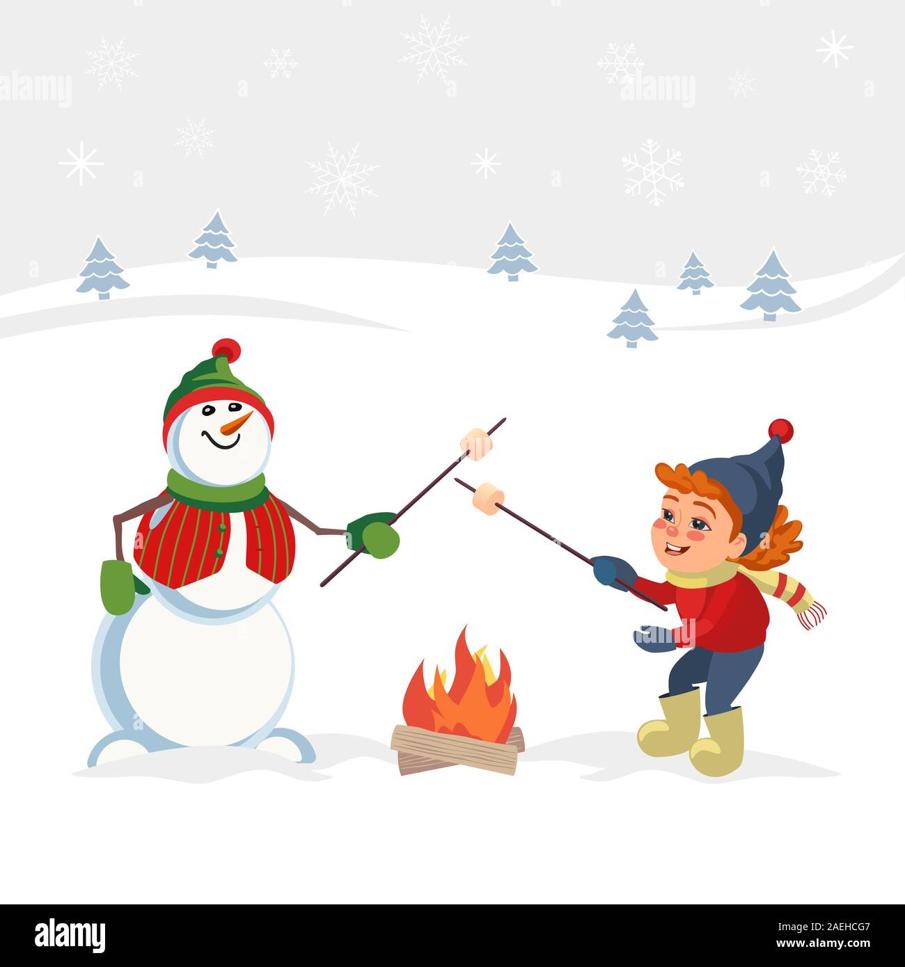 Marshmallow roast on winter campfire vector poster Stock Vector
