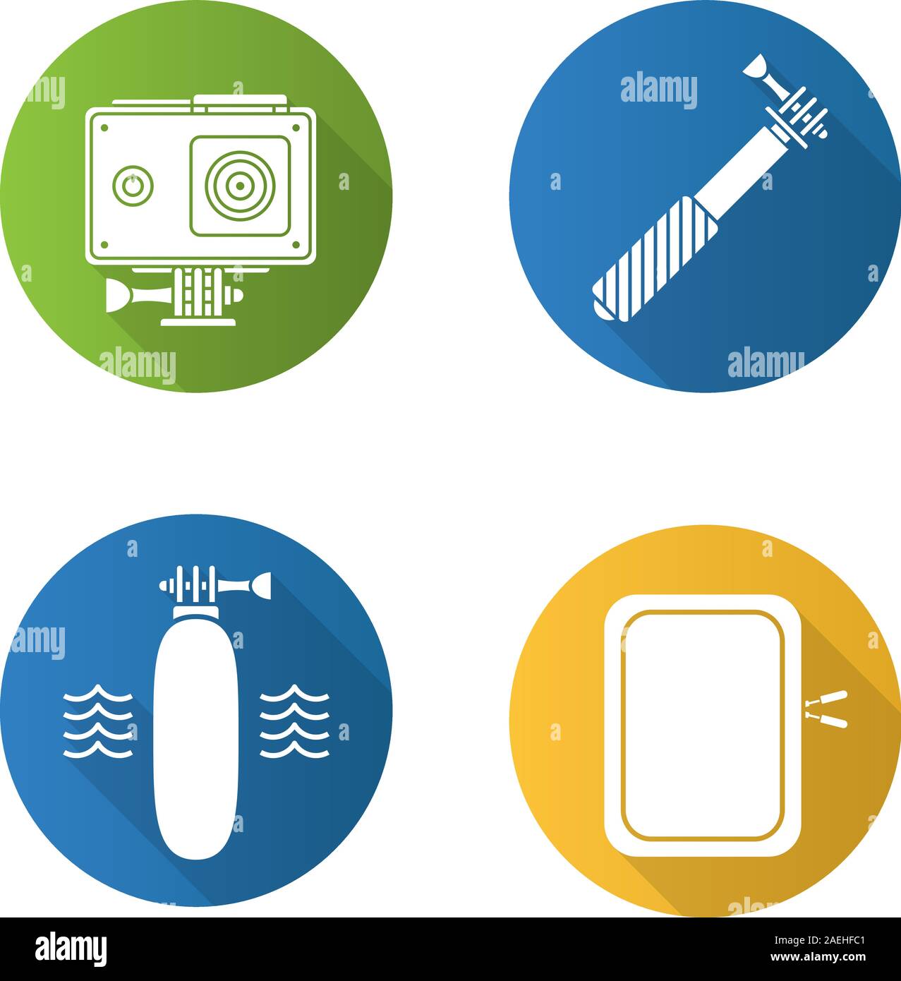 Action camera flat design long shadow icons set. Floating grip, gadget protective case, monopod. Vector silhouette illustration Stock Vector